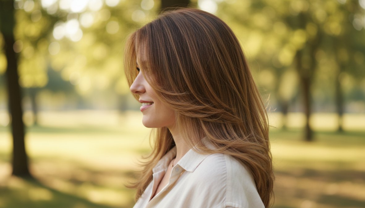 Donna con capelli lunghi castani scalati leggeri, strati visibili che scendono sulle spalle con movimento naturale, ripresa di profilo in luce naturale solare, ambientazione esterna urbana