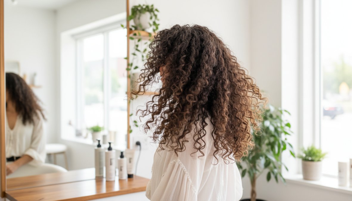 Donna con capelli lunghi ricci scalati, chioma voluminosa con riccioli ben definiti a spirale, in un ambiente luminoso con finestre ampie, luce naturale diffusa, abbigliamento casual elegante