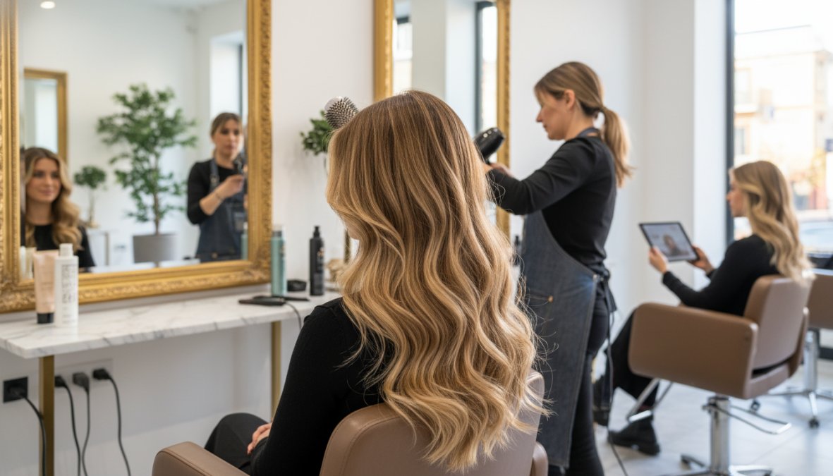 Giovane donna con capelli lunghi castani mossi naturali, onde definite e volume, scalatura visibile sulle lunghezze, illuminazione calda da studio fotografico professionale, sfondo neutro