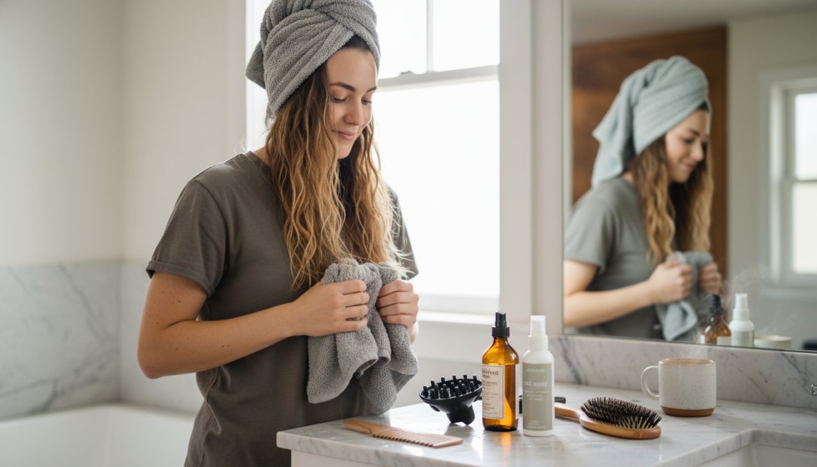 Donna che asciuga i capelli mossi lunghi con diffusore tenuto verso il basso, capelli con texture naturale e onde definite, bagno luminoso e moderno con specchio retroilluminato