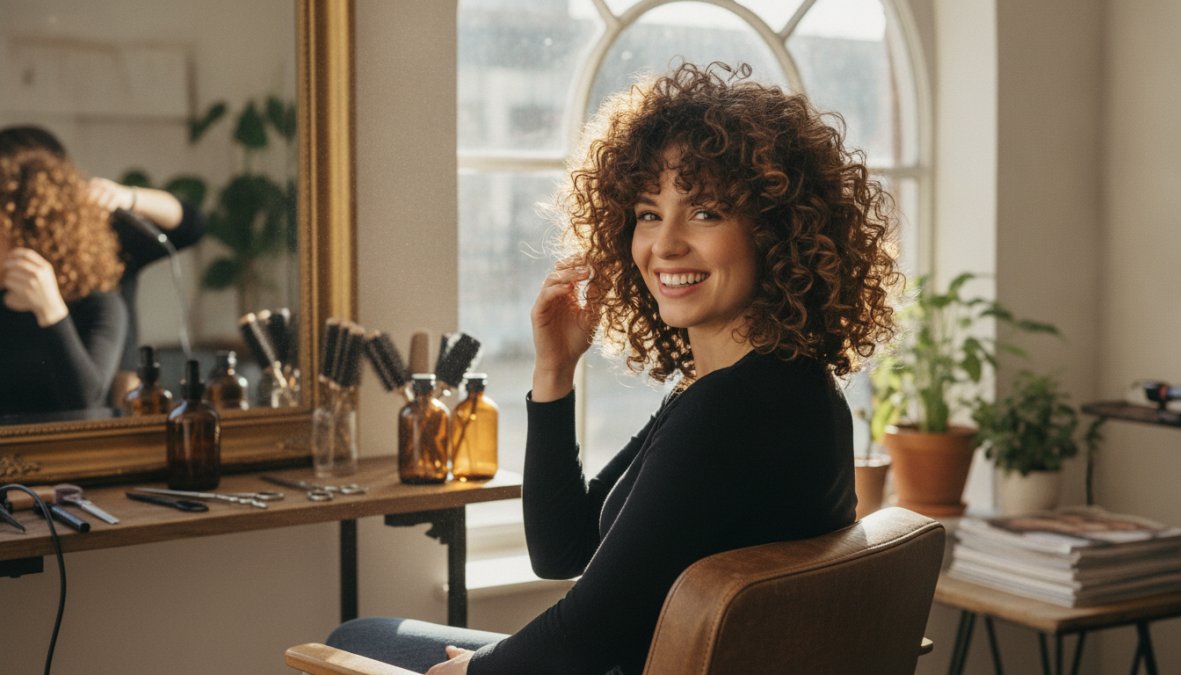 Donna con capelli medi ricci naturali ben definiti e luminosi, illuminazione naturale che esalta la texture e il volume della chioma, espressione consapevole e sicura, sfondo neutro in ambiente moderno