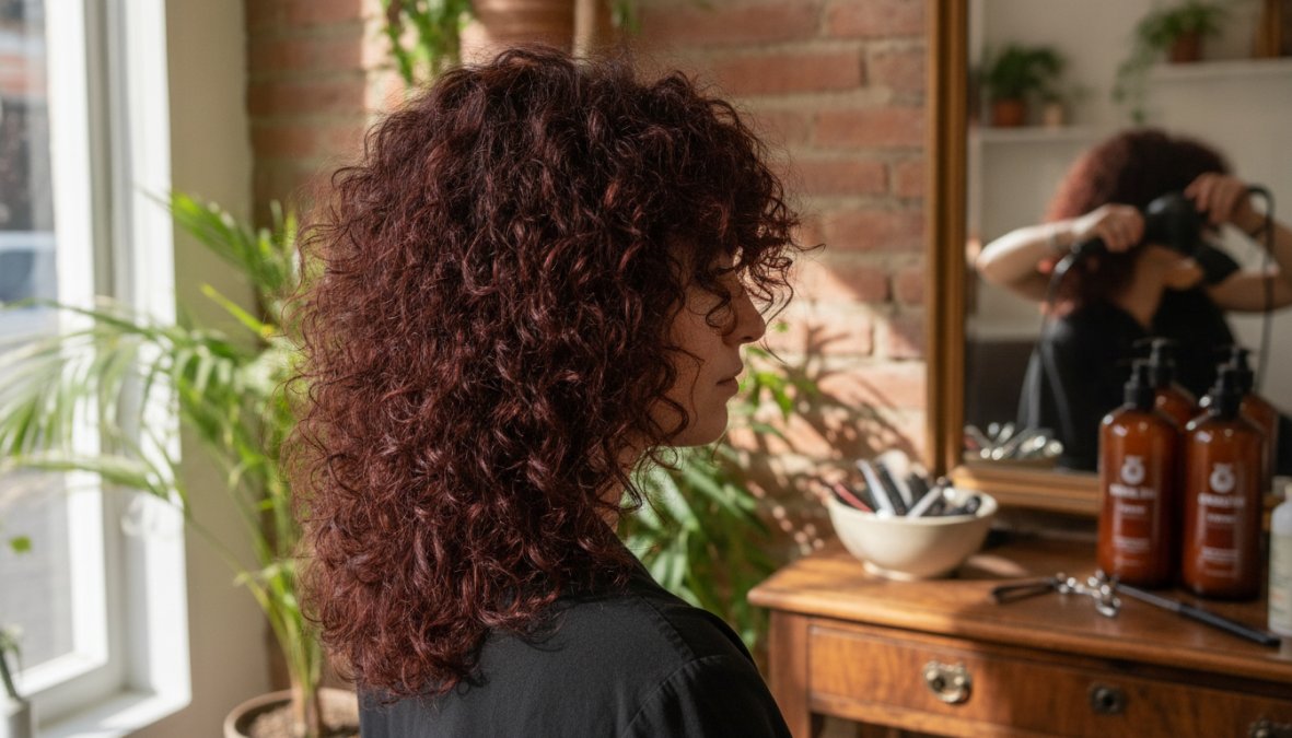 Dettaglio ravvicinato di capelli medi ricci scalati con boccoli ben definiti, diverse lunghezze visibili che mostrano il movimento naturale della chioma sotto luce da studio