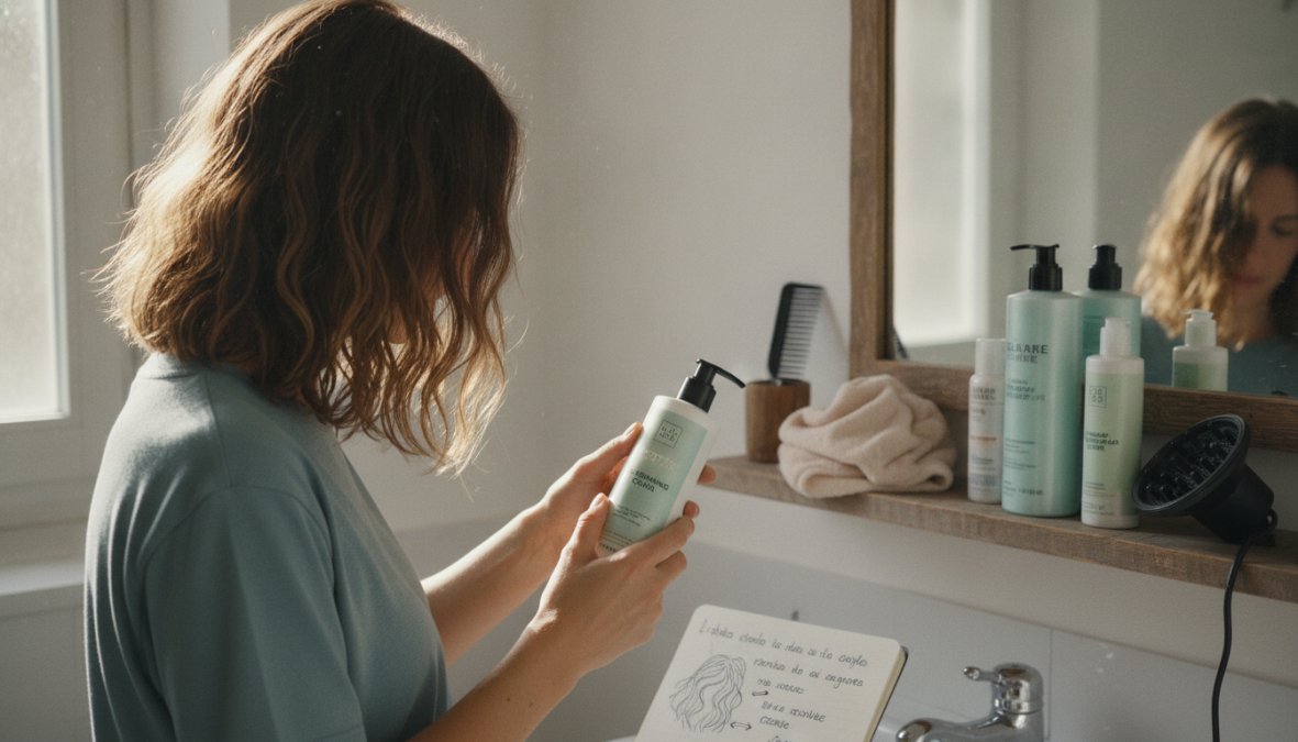 Donna che usa un diffusore attaccato al phon per asciugare i capelli mossi di media lunghezza in un bagno luminoso, specchio sullo sfondo, espressione rilassata e naturale