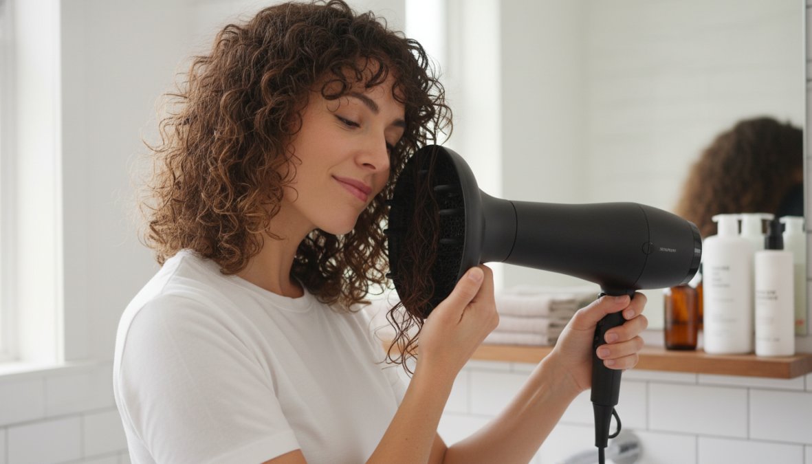A woman with medium-length curly hair using a diffuser attachment on a hair dryer, leaning her head to the side to enhance curl volume, modern bathroom with warm ambient lighting
