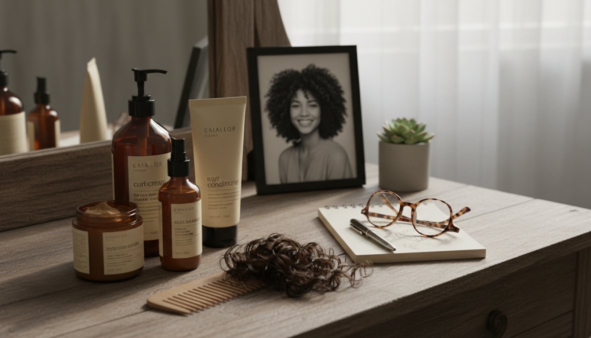 Selezione di flaconi di prodotti per capelli ricci disposti su un ripiano bianco laccato: una crema idratante color bianco, un olio per capelli ambrato in flacone trasparente e un gel leggero azzurro, con un asciugamano in microfibra grigio arrotolato accanto, su sfondo neutro con luce morbida da finestra