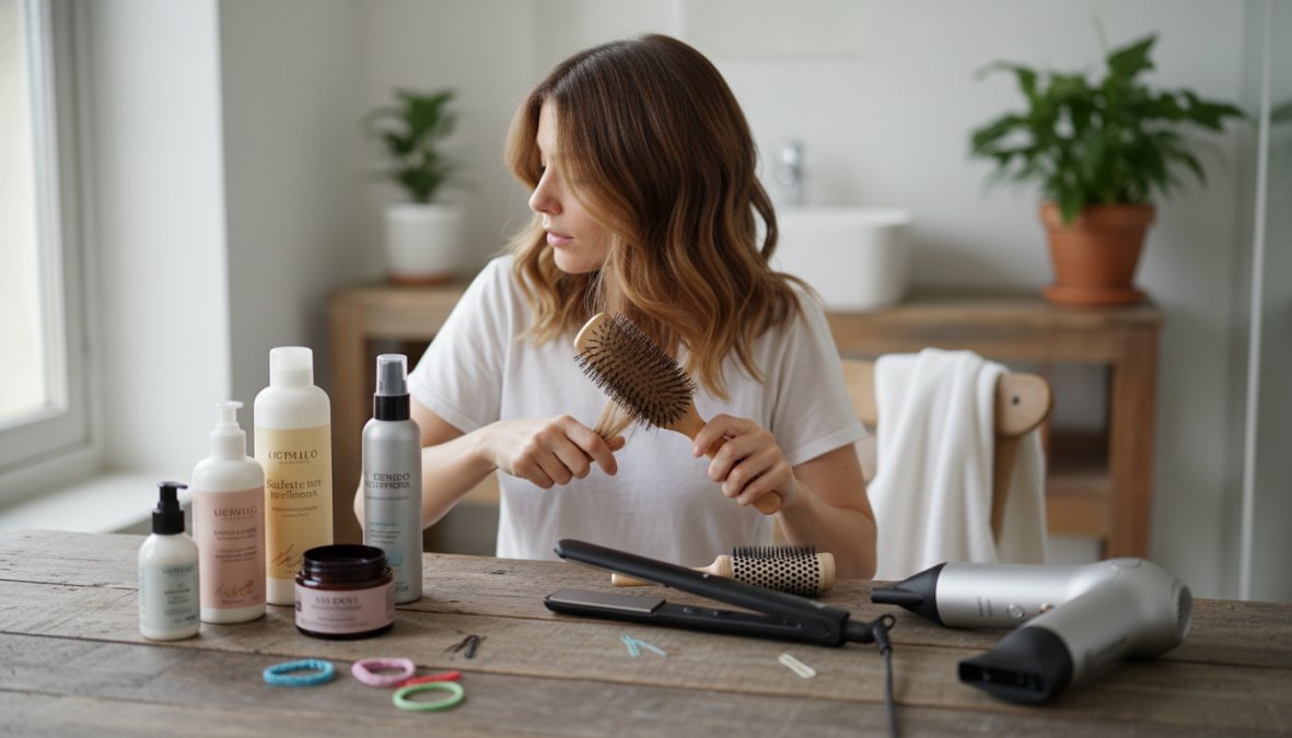 Primo piano di mani femminili con unghie curate che applicano un fluido termoprotettore ambrato su ciocche di capelli medi lucenti, con flaconi di prodotti di styling disposti ordinatamente su un ripiano bianco opaco