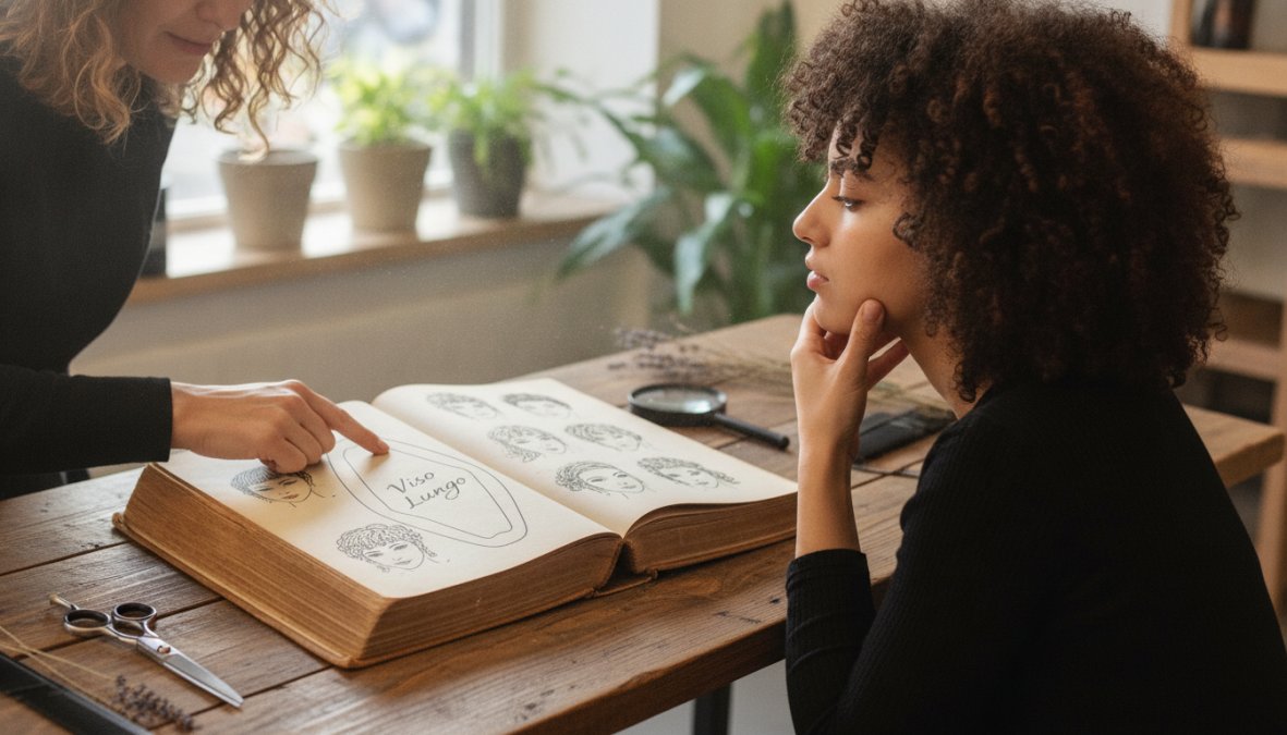 Primo piano di una donna con viso lungo, capelli ricci corti mossi di colore scuro, vista frontale in luce naturale che evidenzia le proporzioni verticali del viso e la struttura del taglio con volume laterale