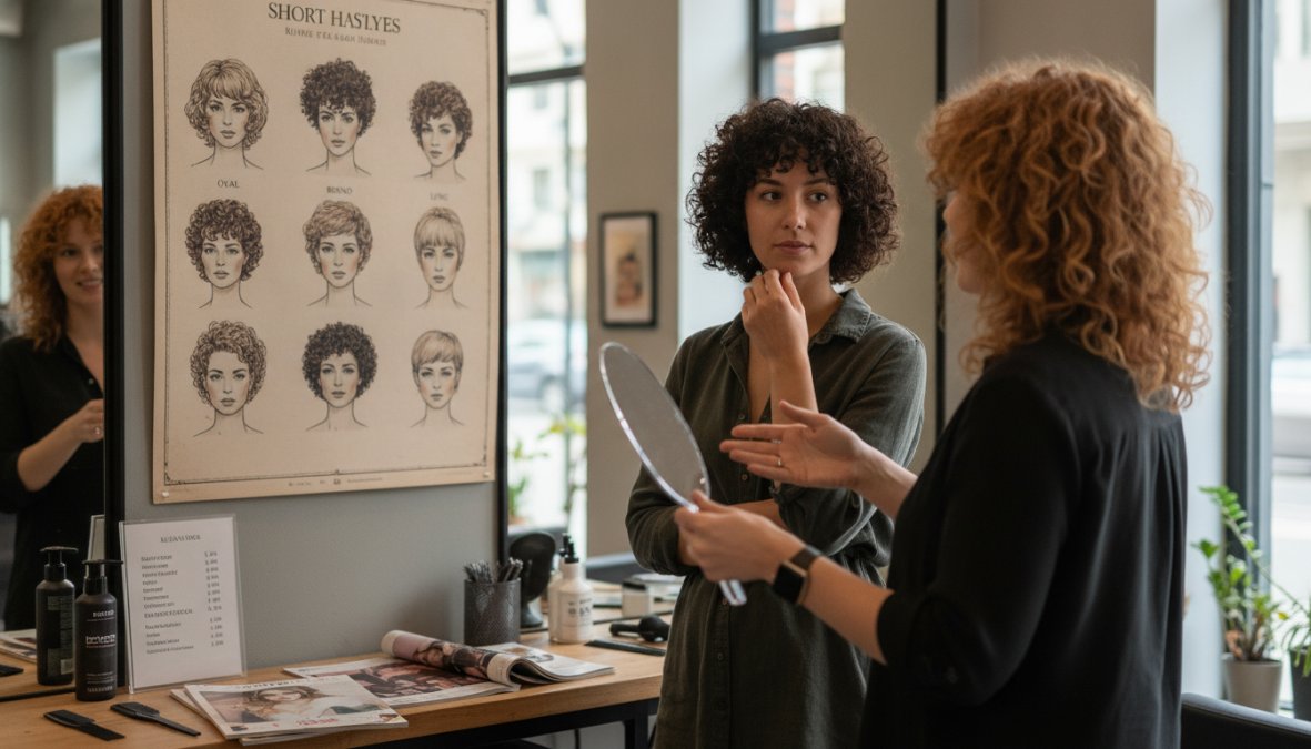 Donna con capelli ricci corti color rame, ripresa di profilo e tre quarti in uno studio fotografico con luce laterale soffusa, che mostra il volume orizzontale del taglio ai lati e la struttura scalata