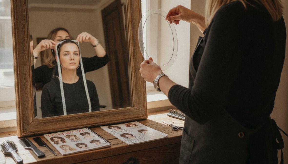 Primo piano di una donna che esamina il proprio viso allo specchio, misurandosi fronte, zigomi e mento con le dita per determinare la forma del viso