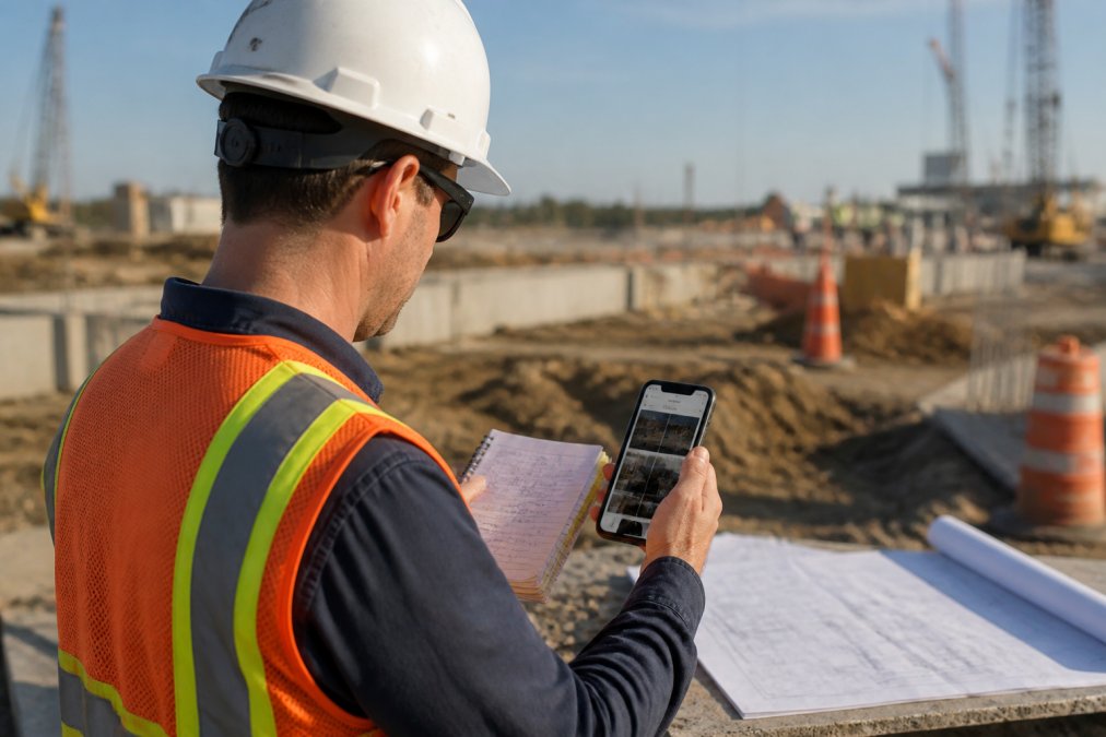Field inspector on a construction site reviewing geotagged photos and handwritten notes on an Android smartphone, with blueprints and safety cones visible in the background
