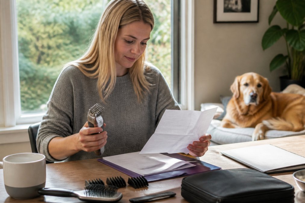 Pet owner holding a premium grooming tool while reviewing paperwork at a home desk, with a calm golden retriever resting nearby, natural window light illuminating the workspace