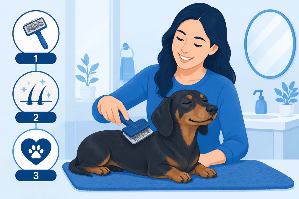Happy pet owner gently grooming a relaxed dachshund with a premium slicker brush in a bright home bathroom, the dog's expression calm and the owner smiling, showing successful grooming interaction
