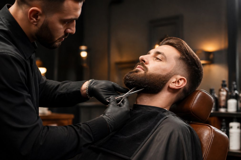 Un barbier expert taille avec précision la barbe d'un client assis dans un fauteuil en cuir, dans un salon moderne aux murs sombres et à l'éclairage chaud, ciseaux en main, regard concentré