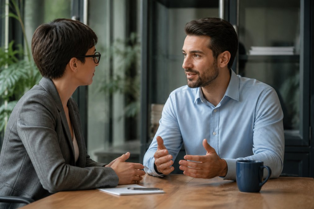 Two professionals having a calm, focused conversation across a table in a modern office setting, with open body language and attentive listening posture