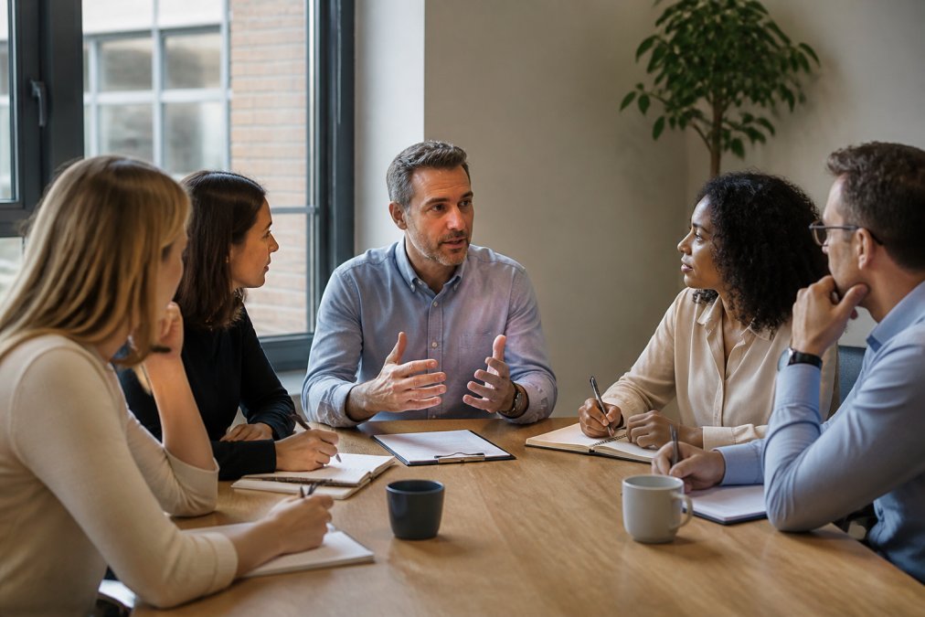 A manager leading a small team discussion in a conference room, with team members engaged and taking notes, demonstrating active listening and collaborative problem-solving