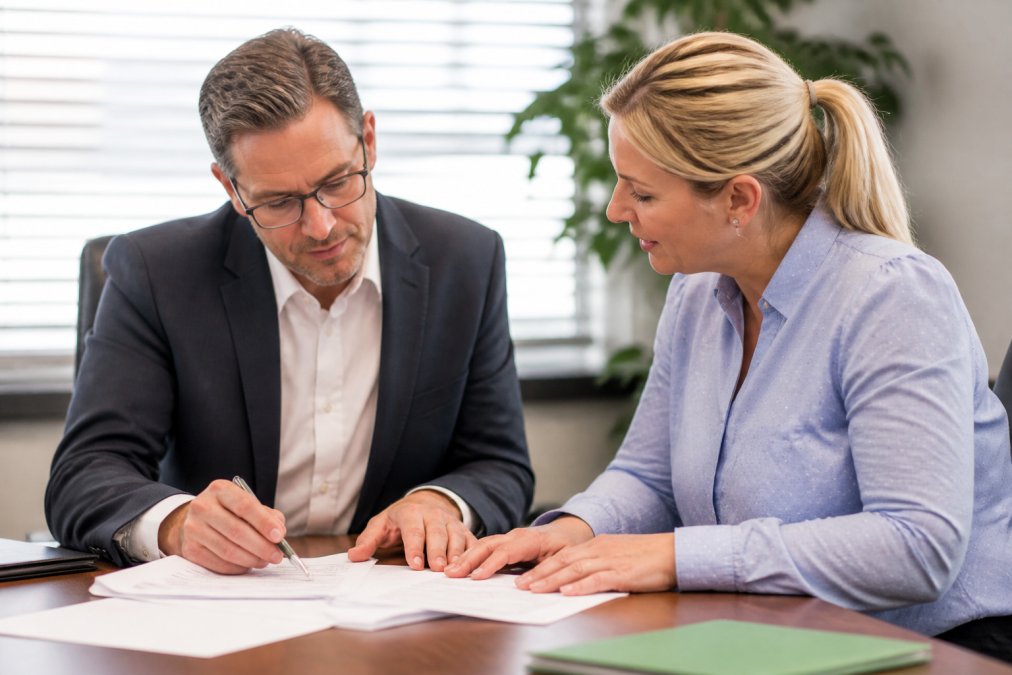 Business owner sitting at desk reviewing insurance documents and policies with a broker colleague, discussing coverage options and comparing quotes in a modern office with natural window lighting