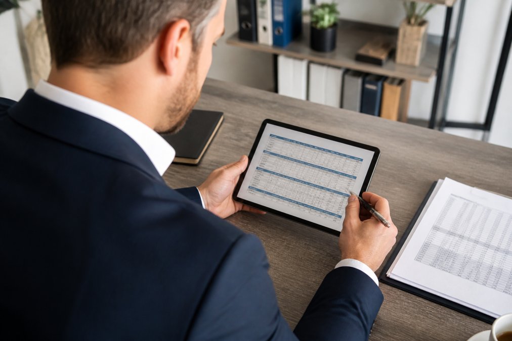 Professional reviewing a detailed insurance comparison checklist on a tablet in a modern office, comparing multiple insurance broker options and coverage details with organized spreadsheets visible