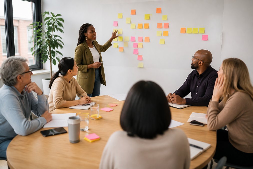 Facilitator leading a diverse team during collaborative leadership workshops in a bright modern meeting room.