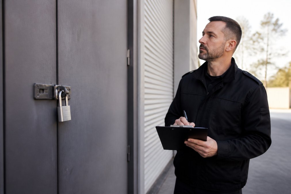Security professional conducting site walkthrough, inspecting access points and perimeter vulnerabilities with clipboard and assessment documentation in warehouse environment with natural lighting