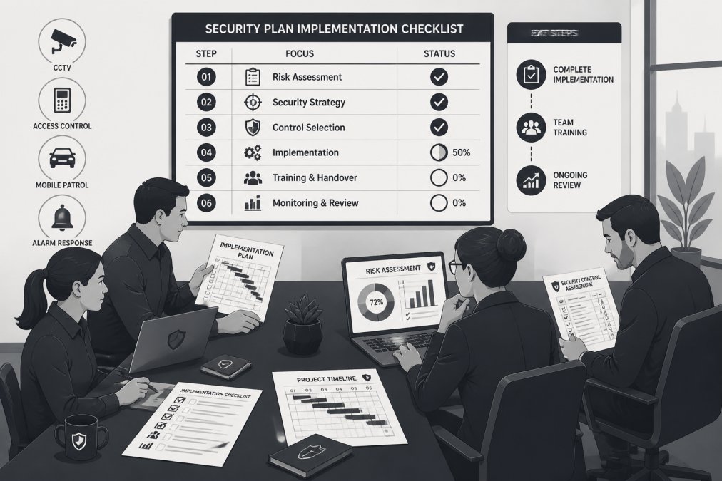 Operations team reviewing security implementation documentation and plans at meeting table with laptops, printed checklists, and assessment reports visible in professional office setting