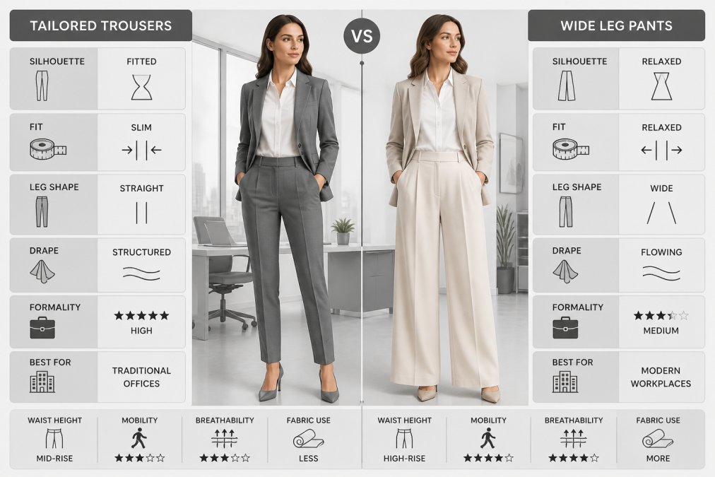 Two professional women standing side by side in a modern office setting: one wearing tailored, fitted grey trousers with a crisp white blouse and structured blazer, the other in high-waisted wide-leg cream trousers with a similar blouse and blazer, both in neutral tones, natural office lighting showing the contrast in drape and silhouette