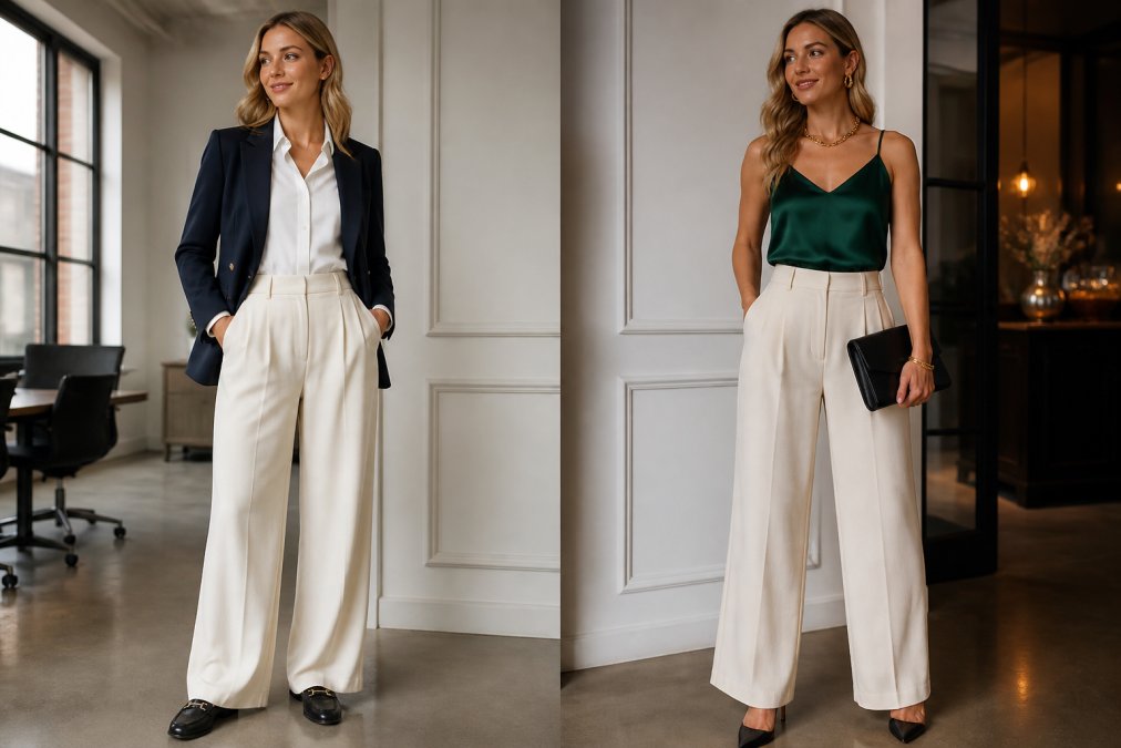 Woman in high-waisted wide-leg cream trousers shown in two complete outfits: first wearing a fitted white blouse tucked in with a structured navy blazer and loafers for daytime office wear; second wearing the same trousers with a silk emerald camisole, statement gold jewellery, heels, and a structured clutch for evening, natural lighting showing the transformation
