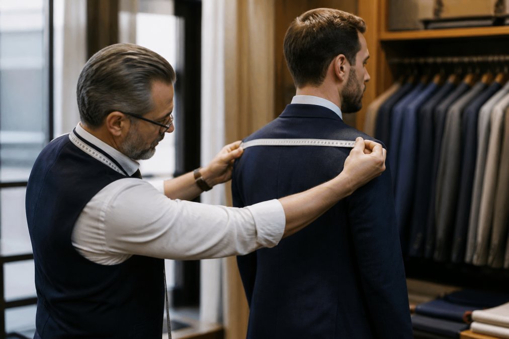 A professional tailor measuring a client's jacket shoulders and back during a fitting consultation, showing personalized attention and precision measurement techniques