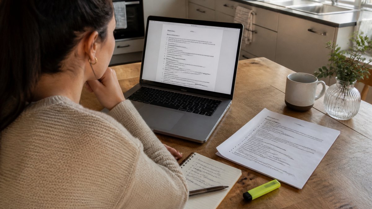 A job seeker at a kitchen table with a printed job advert beside an open laptop showing a CV document, highlighter and notepad nearby, natural daylight