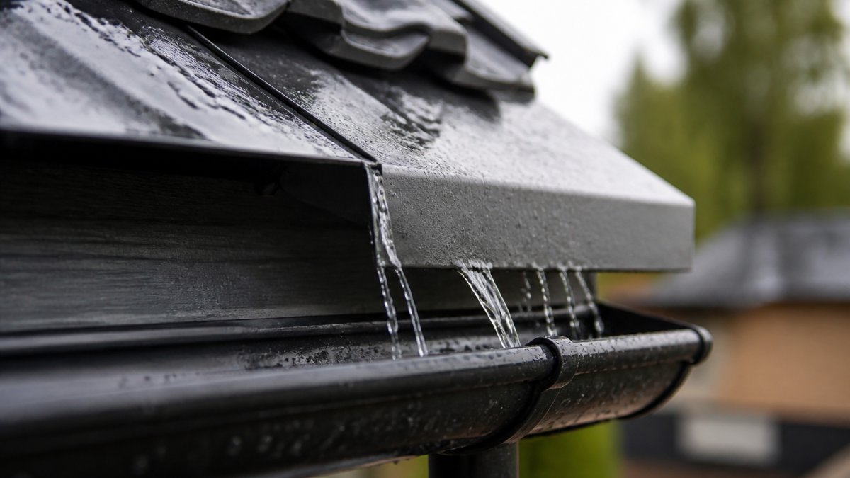 Nærbilde av metallbeslag montert på takfot hvor vann renner ned i takrennen, med stål- eller aluminiumsbeslag synlig i praksis