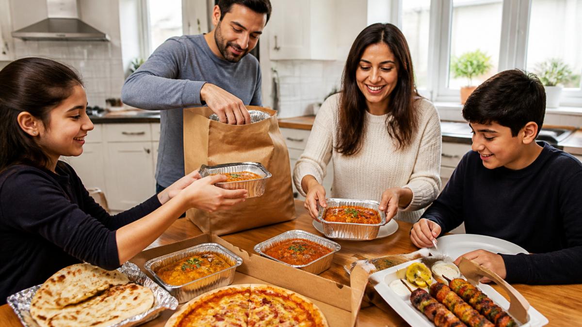A family in a bright kitchen unpacking a takeaway delivery, with Indian curries, pizza and kebabs spread across the table, smiling as they serve food