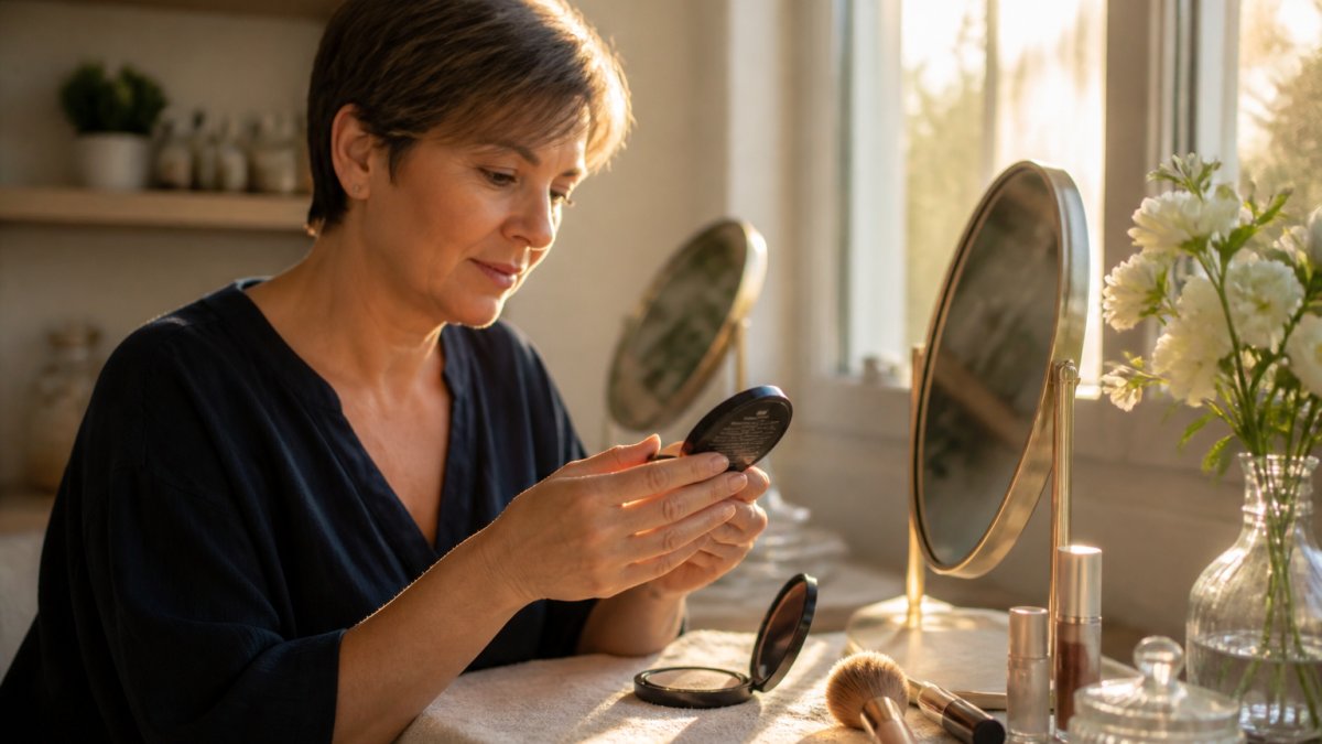 Woman with short hair checking the ingredient label on a makeup compact at a sunlit vanity with cosmetic products.