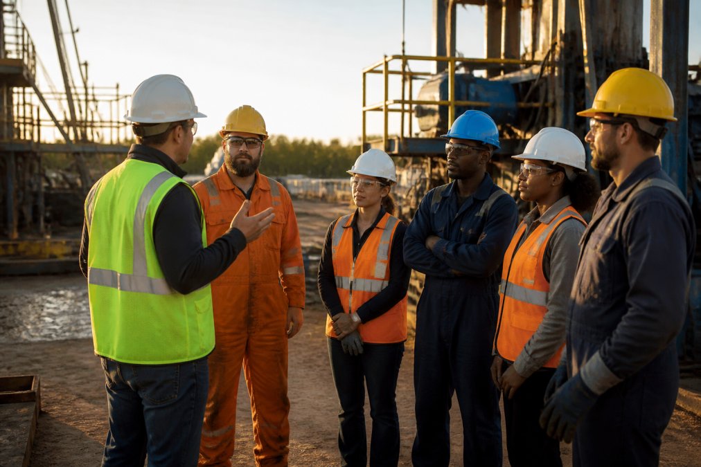 A site supervisor in a high-vis vest talking with a diverse team of construction and engineering workers beside industrial equipment, late afternoon light casting long shadows across the yard