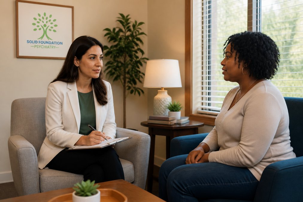 A psychiatrist in a warm, private office reviewing a treatment plan with an adult patient, both seated in comfortable chairs with soft natural light coming through a window