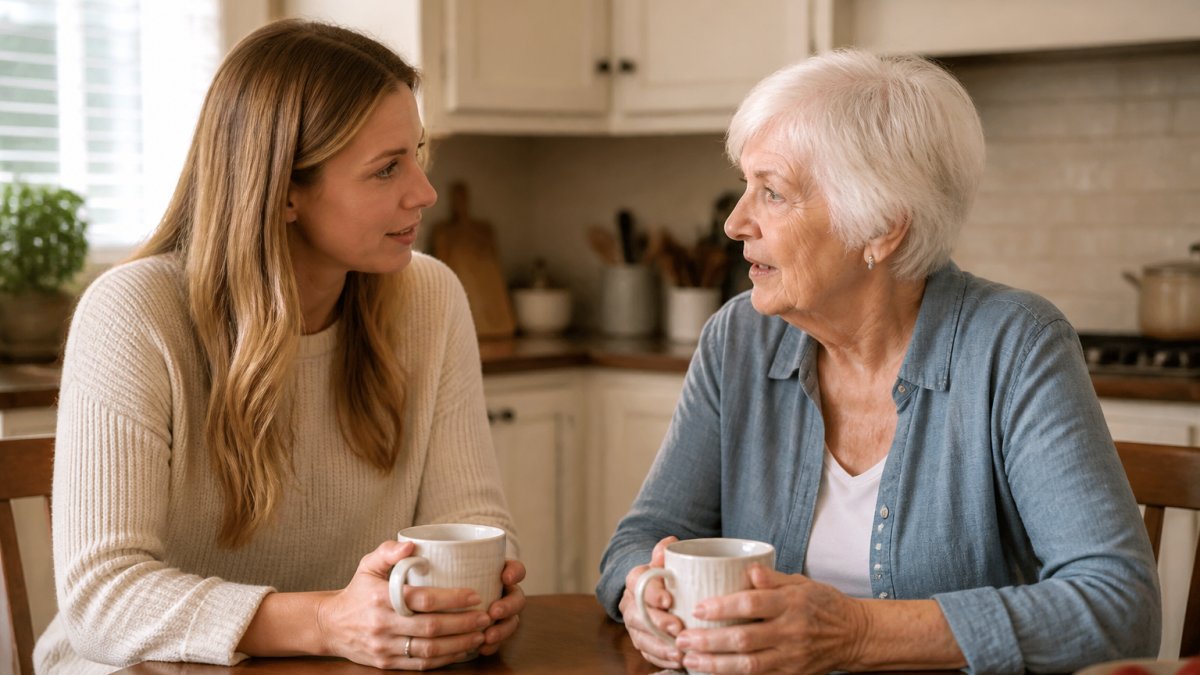 An adult daughter sitting at a kitchen table with her elderly mother, both with coffee cups, having a calm and caring conversation in a warm home setting