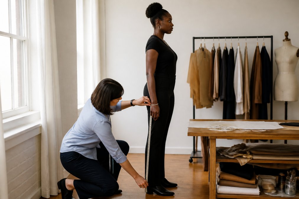 Close-up of a tall woman standing in profile while a tailor measures her inseam with a tape measure from the crotch seam down to her ankle, bright natural light in a fitting room