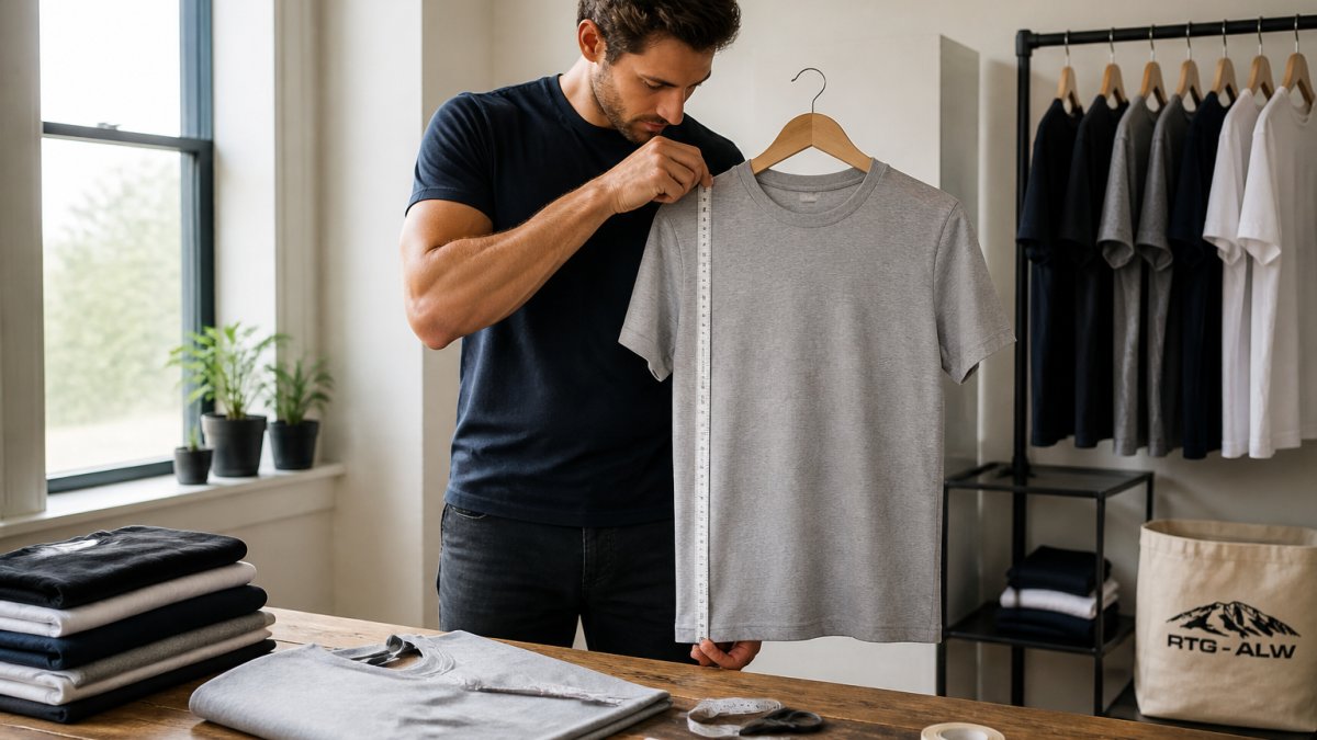 A tall man standing in a well-lit room, measuring the length of a T-shirt from shoulder to hem with a tape measure, focused on fit and torso coverage
