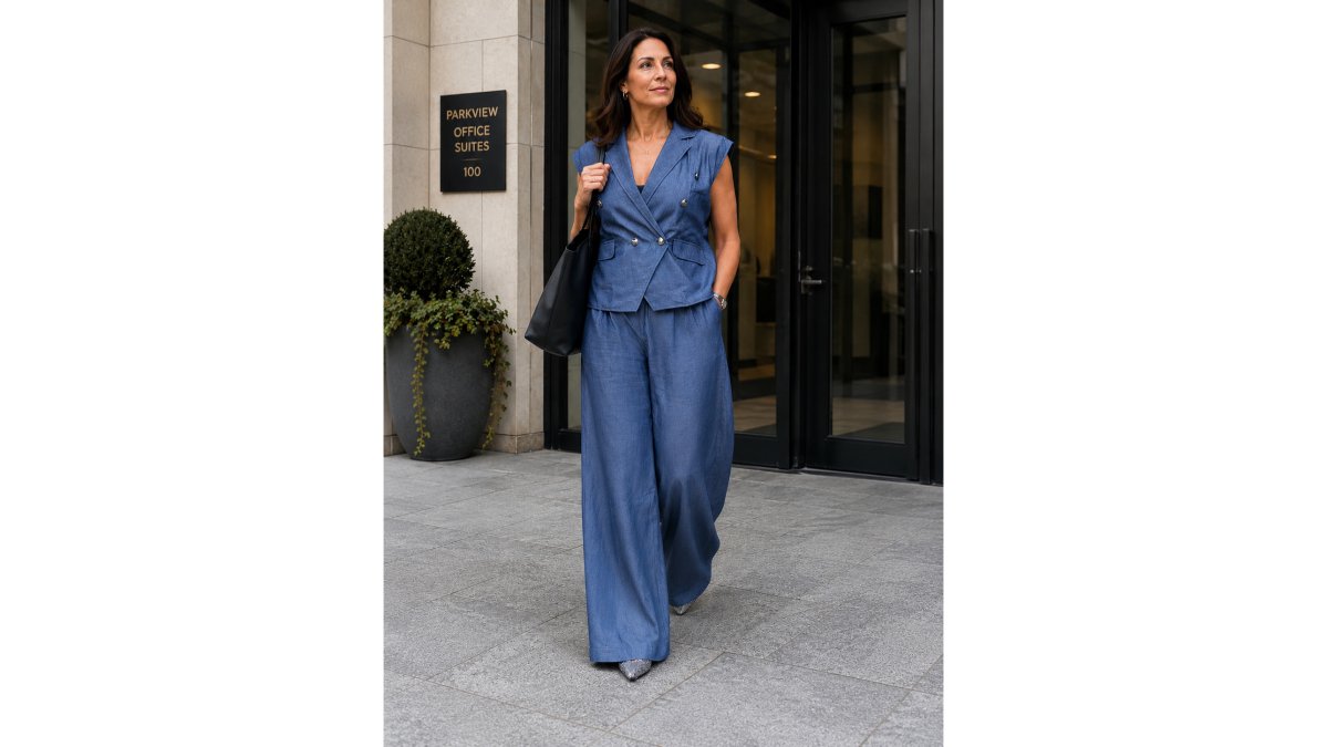 Tall Women's Classic Chambray Waistcoat & Palazzo Wide Leg Set | Paryse Style