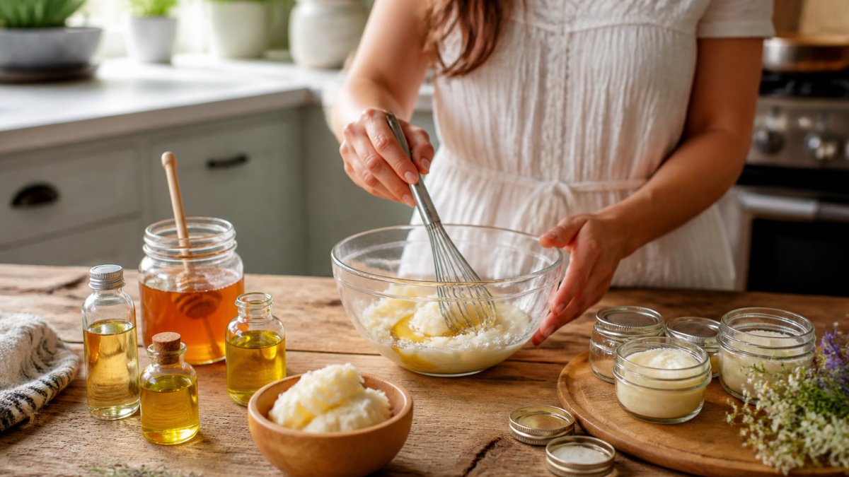 A woman's hands in a bright kitchen blending tallow and honey in a glass bowl with a whisk, surrounded by small jars of oil and raw honey on a wooden counter