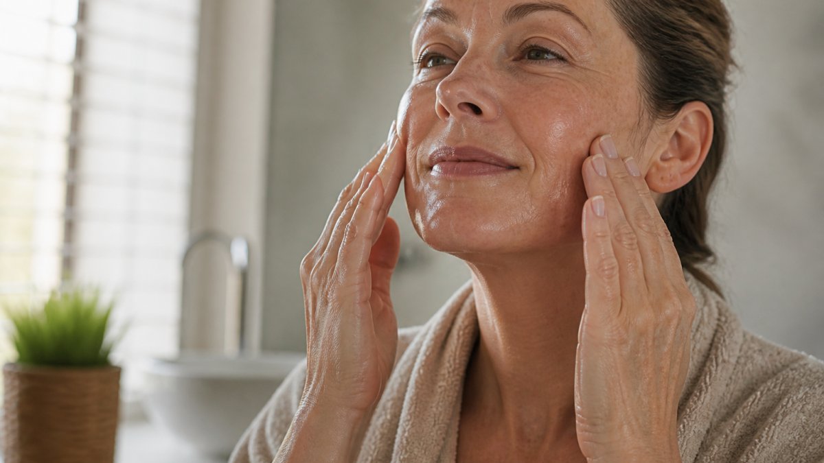 Woman in her 40s with mature skin gently pressing a whipped tallow moisturiser into her face with fingertips, natural daylight streaming through a window, slightly damp skin glowing