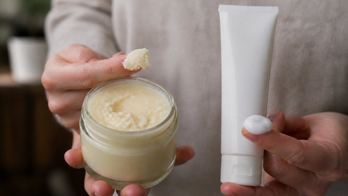 Comparison diagram showing the textural differences between natural animal-based balm and synthetic face cream.