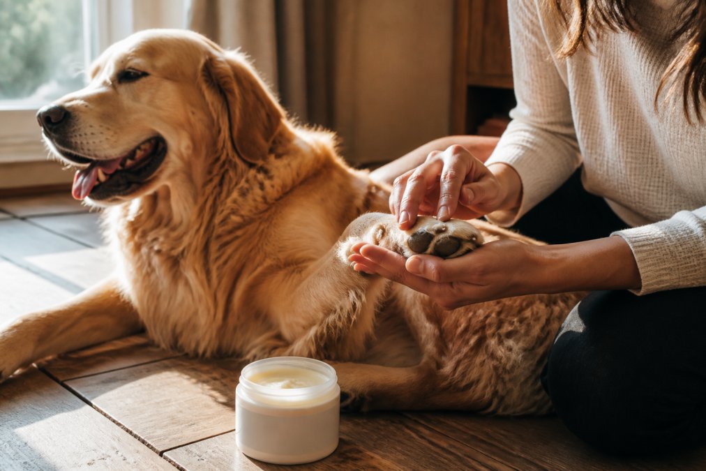 Illustration showing the benefits of golden and retriever and lying concepts for tallow skincare