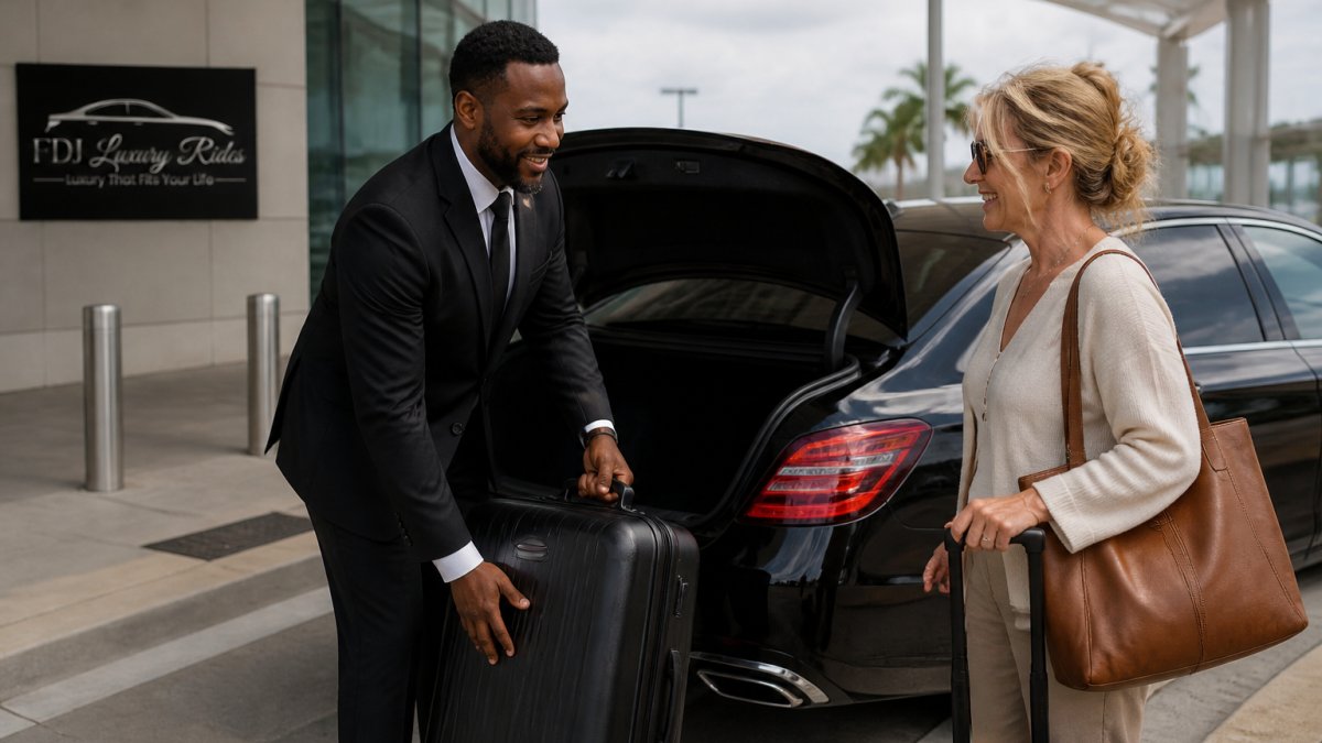 Professional driver in dark suit assisting passenger with luggage at airport curb, modern sedan in background, daytime lighting