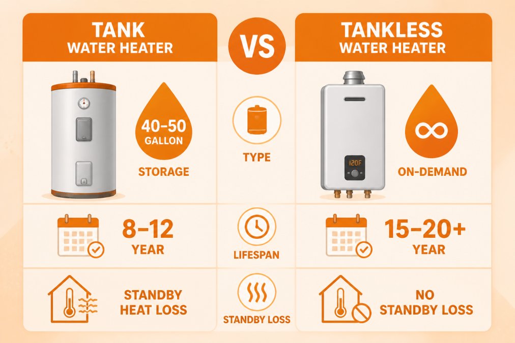 Side-by-side comparison chart: Tank water heater (40-50 gallon storage, 8-12 year lifespan, standby heat loss) vs Tankless water heater (on-demand heating, 15-20+ year lifespan, no standby loss)