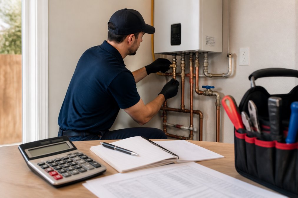 A licensed plumber in uniform installing a wall-mounted tankless water heater in a residential utility room, with copper piping and tools visible, natural lighting