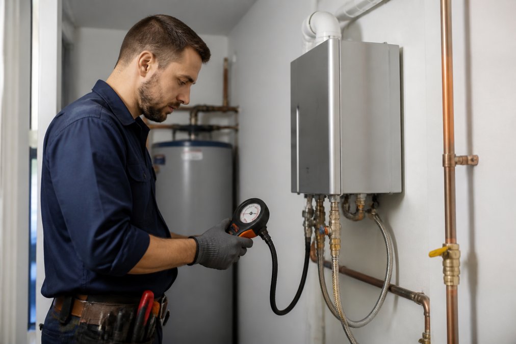 A certified technician in workwear inspecting a modern tankless water heater mounted on a wall in a clean utility room, holding a digital gauge
