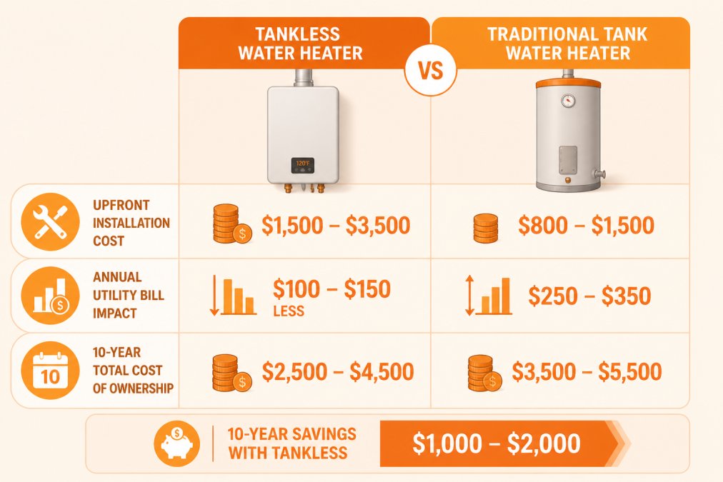 Comparison chart showing 10-year cost of ownership to weigh tankless water heater benefits against tank models.