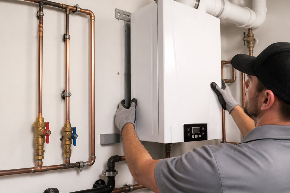 A technician in work gloves securing a white tankless water heater unit to a wall with a mounting bracket, copper piping and shutoff valves visible nearby, bright utility room lighting