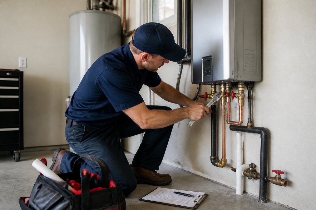 A licensed plumber in work uniform kneeling beside a wall-mounted tankless water heater, using a wrench on copper supply lines, with tools and a clipboard nearby in a clean utility room