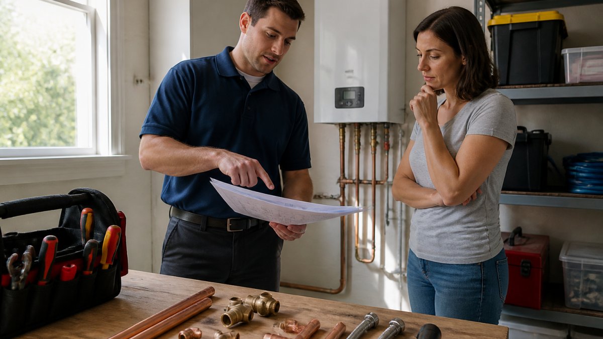 Professional plumber reviewing installation specifications and discussing project details with homeowner in utility room with natural lighting