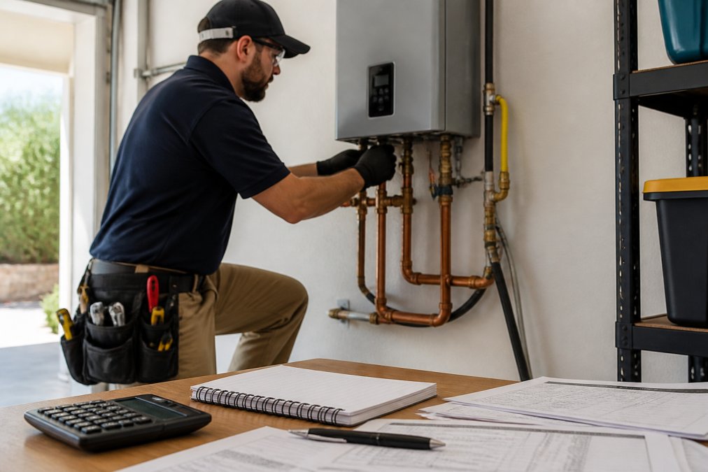 Licensed plumber in work clothes mounting a wall-hung tankless water heater in a residential garage, copper pipes and gas line connected beneath the unit, bright workshop lighting